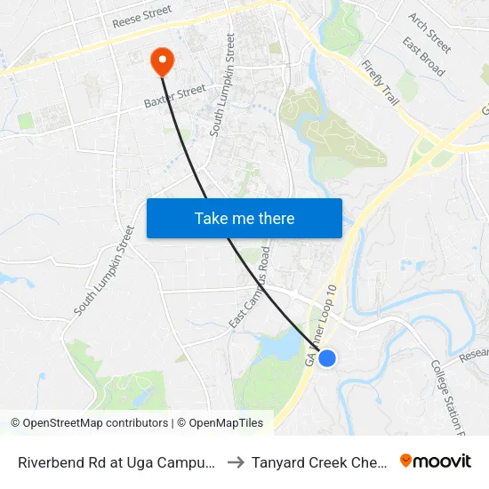 Riverbend Rd at Uga Campus Mail Ob to Tanyard Creek Chew Crew map