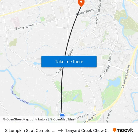 S Lumpkin St at Cemetery Ob to Tanyard Creek Chew Crew map