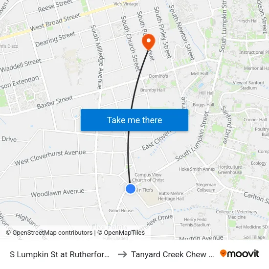 S Lumpkin St at Rutherford St Ib to Tanyard Creek Chew Crew map