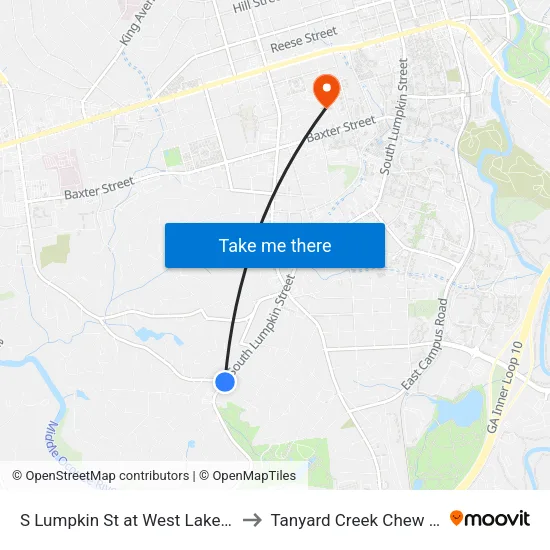 S Lumpkin St at West Lake Dr Ob to Tanyard Creek Chew Crew map
