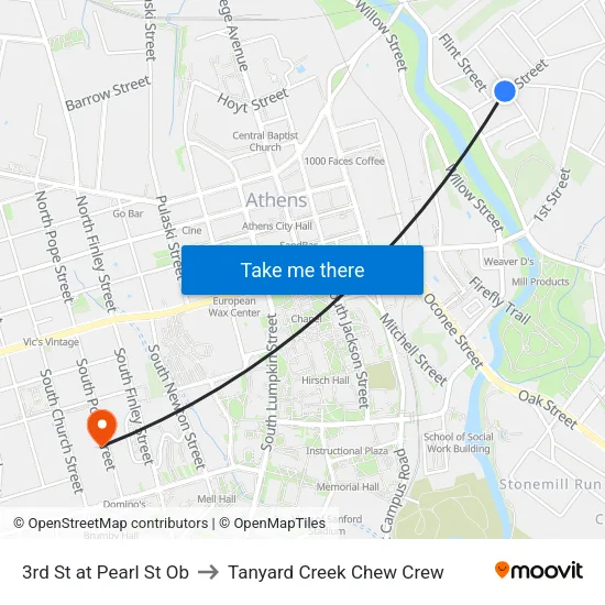 3rd St at Pearl St Ob to Tanyard Creek Chew Crew map