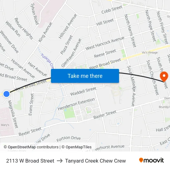 2113 W Broad Street to Tanyard Creek Chew Crew map