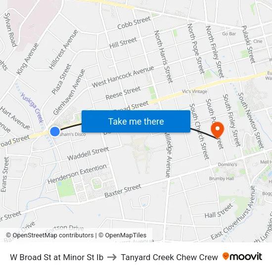 W Broad St at Minor St Ib to Tanyard Creek Chew Crew map