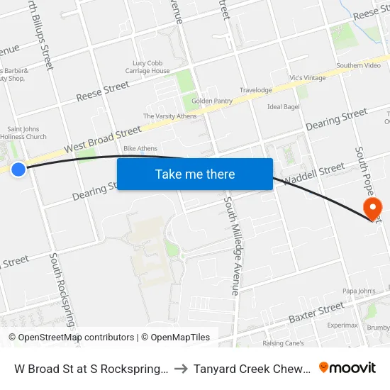 W Broad St at S Rocksprings St Ib to Tanyard Creek Chew Crew map