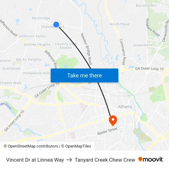 Vincent Dr at Linnea Way to Tanyard Creek Chew Crew map