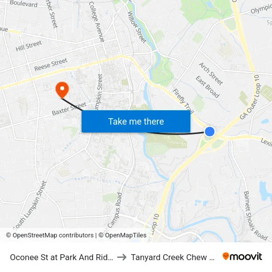 Oconee St at Park And Ride Ob to Tanyard Creek Chew Crew map