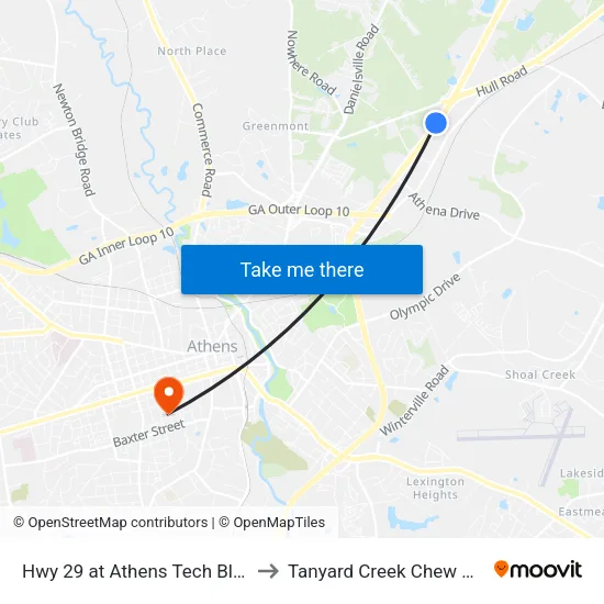 Hwy 29 at Athens Tech Bldg P to Tanyard Creek Chew Crew map
