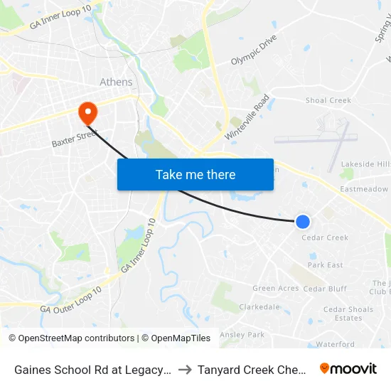 Gaines School Rd at Legacy Apts Ib to Tanyard Creek Chew Crew map
