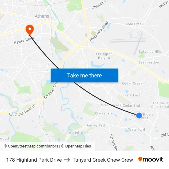 178 Highland Park Drive to Tanyard Creek Chew Crew map