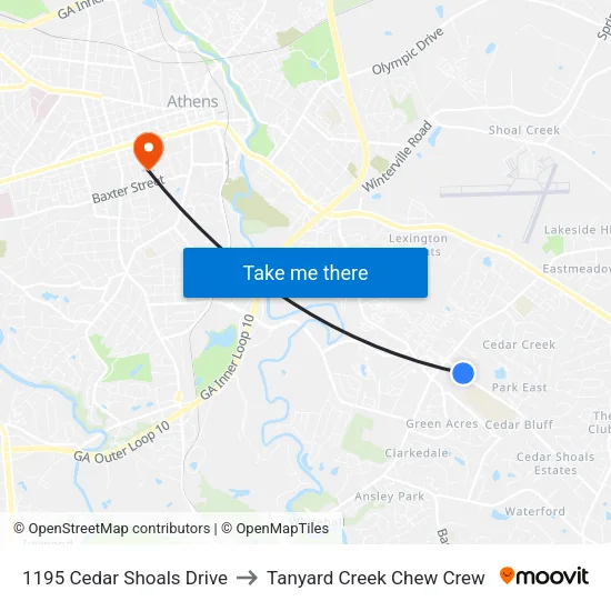 1195 Cedar Shoals Drive to Tanyard Creek Chew Crew map