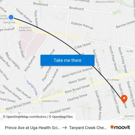 Prince Ave at Uga Health Sciences Ib to Tanyard Creek Chew Crew map