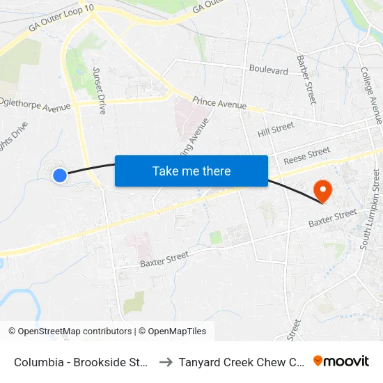Columbia - Brookside Stop 1 to Tanyard Creek Chew Crew map