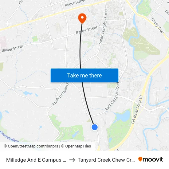 Milledge And E Campus Ob to Tanyard Creek Chew Crew map