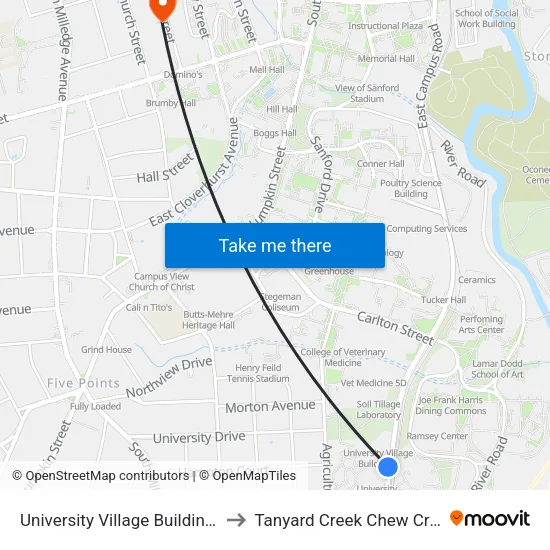 University Village Building K to Tanyard Creek Chew Crew map