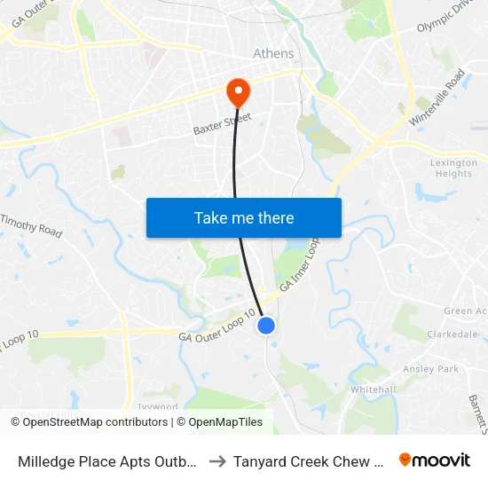Milledge Place Apts Outbound to Tanyard Creek Chew Crew map