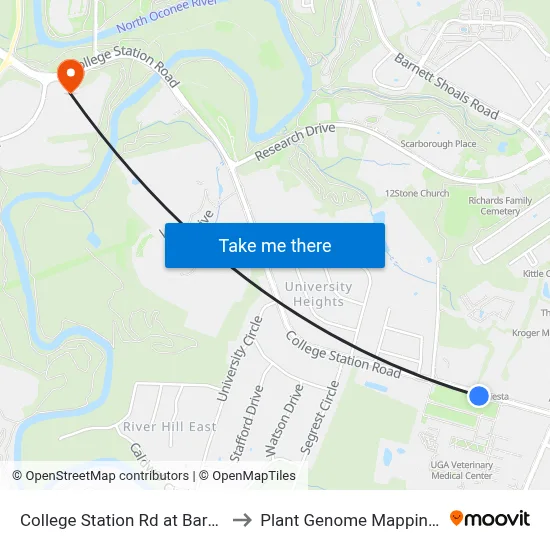 College Station Rd at Barnett Shoals Rd to Plant Genome Mapping Laboratory map