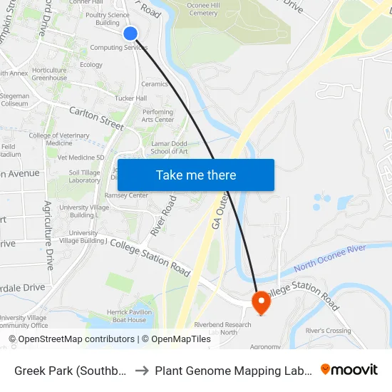 Greek Park (Southbound) to Plant Genome Mapping Laboratory map
