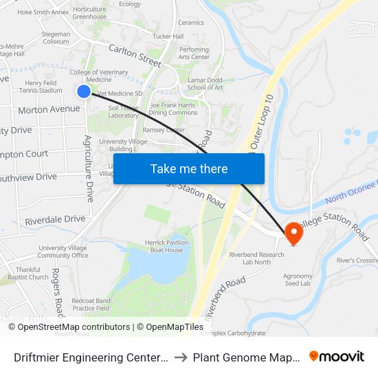 Driftmier Engineering Center (To College Station) to Plant Genome Mapping Laboratory map