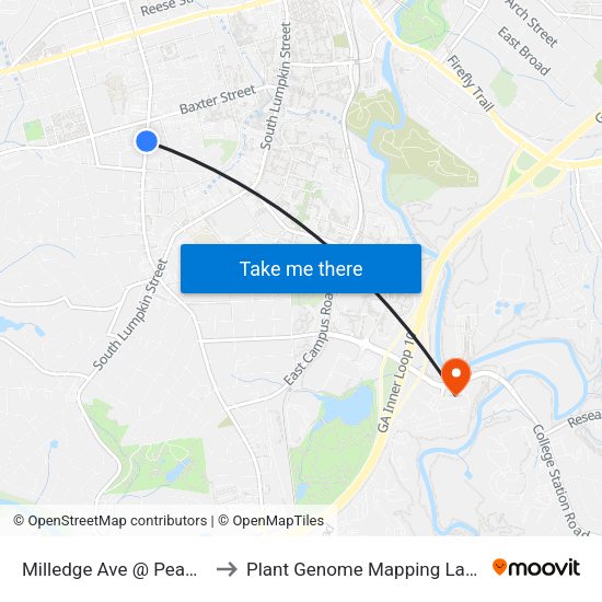 Milledge Ave @ Peabody St to Plant Genome Mapping Laboratory map