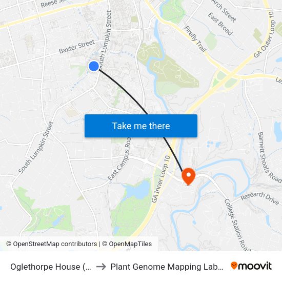 Oglethorpe House (East) to Plant Genome Mapping Laboratory map