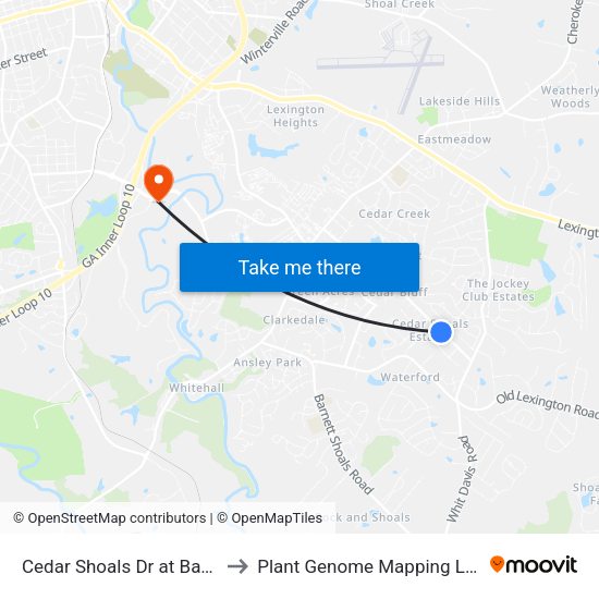 Cedar Shoals Dr at Bayberry Ct to Plant Genome Mapping Laboratory map