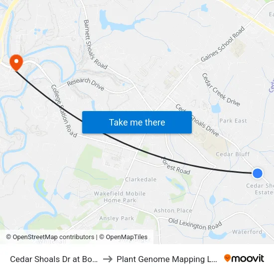 Cedar Shoals Dr at Boulder Trl to Plant Genome Mapping Laboratory map