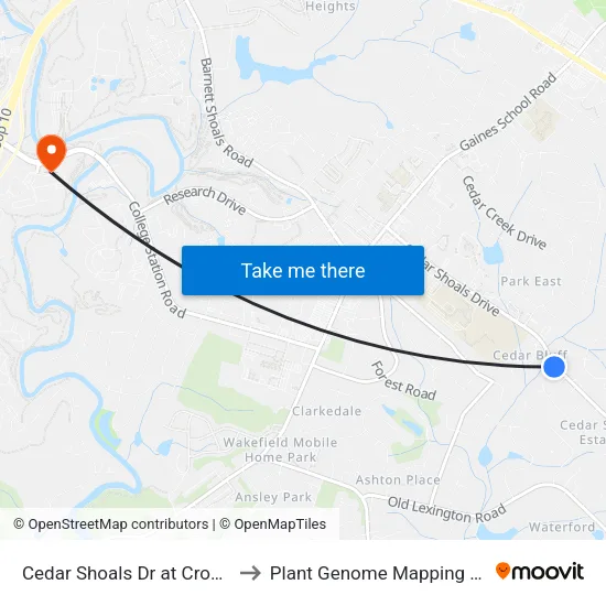 Cedar Shoals Dr at Crows Nest Ct to Plant Genome Mapping Laboratory map