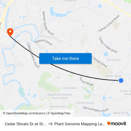 Cedar Shoals Dr at Studio Ct to Plant Genome Mapping Laboratory map
