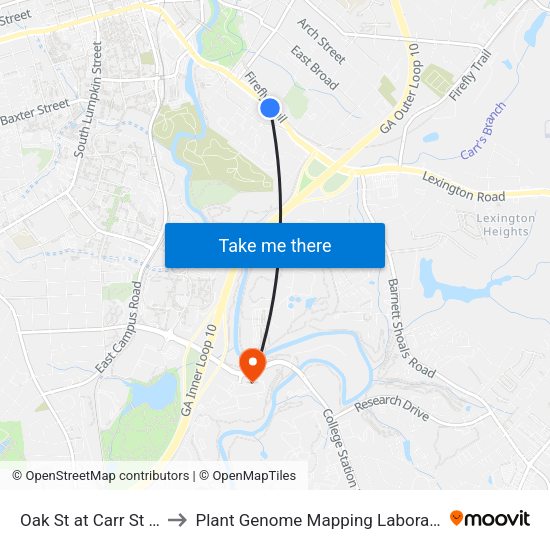 Oak St at Carr St Ob to Plant Genome Mapping Laboratory map