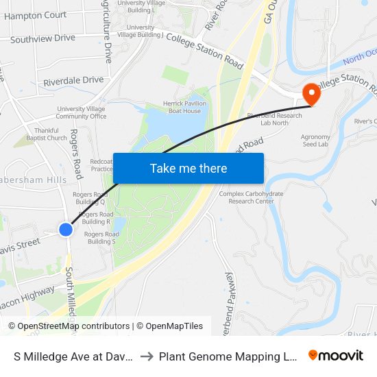 S Milledge Ave at Davis St Ob to Plant Genome Mapping Laboratory map
