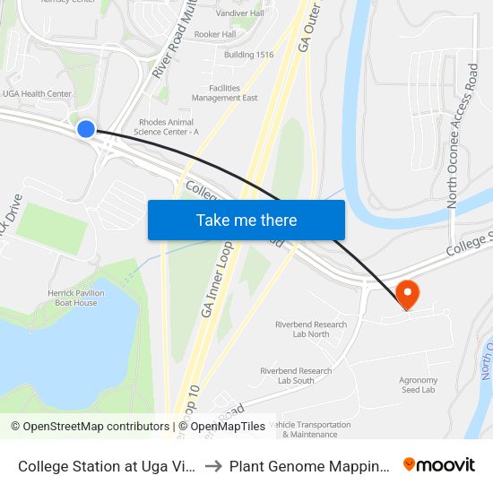 College Station at Uga Visitors Center to Plant Genome Mapping Laboratory map