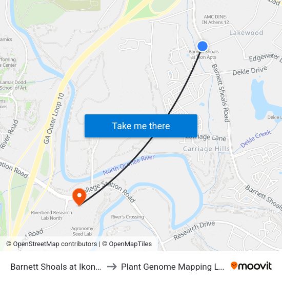 Barnett Shoals at Ikon Apts Ob to Plant Genome Mapping Laboratory map