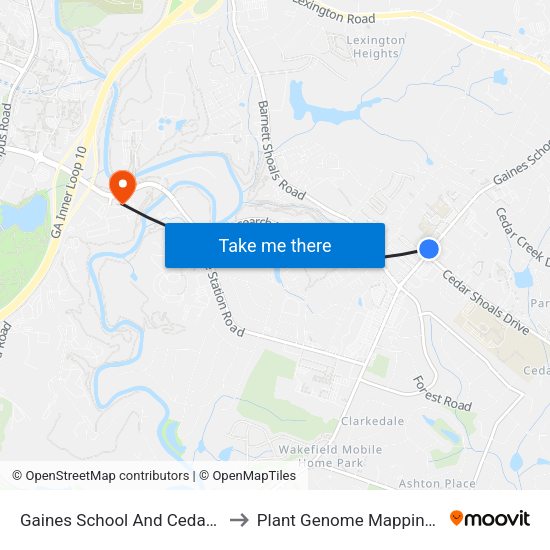 Gaines School And Cedar Shoal South to Plant Genome Mapping Laboratory map