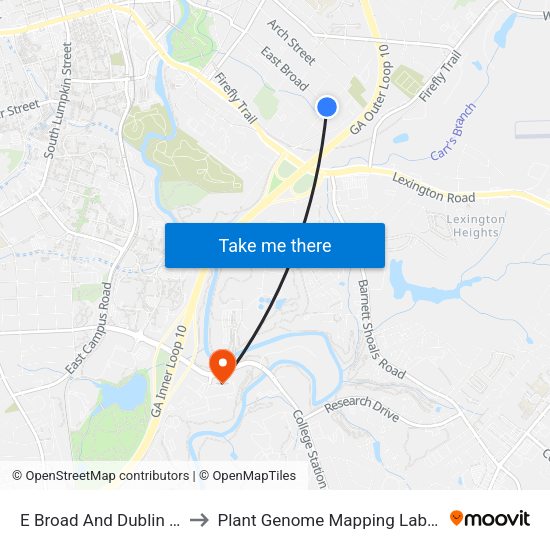 E Broad And Dublin St Ob to Plant Genome Mapping Laboratory map