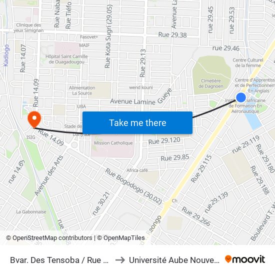 Bvar. Des Tensoba / Rue 29 to Université Aube Nouvelle map