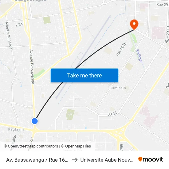 Av. Bassawanga / Rue 16.98 to Université Aube Nouvelle map