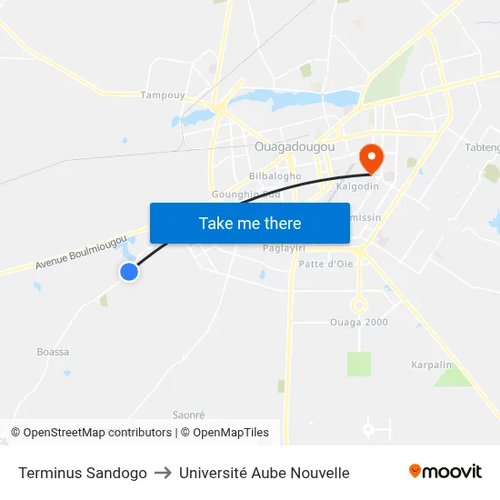 Terminus Sandogo to Université Aube Nouvelle map