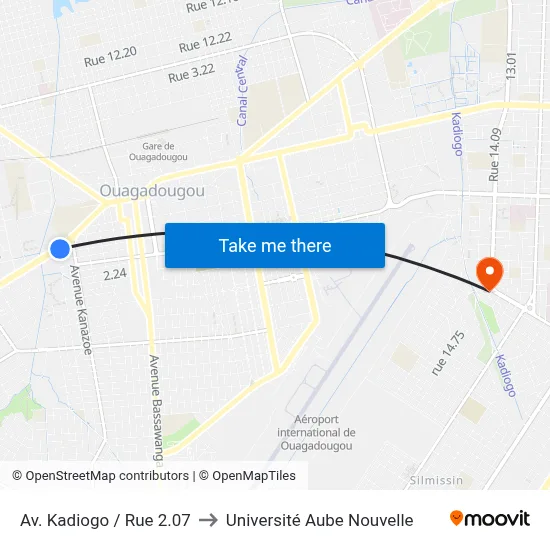 Av. Kadiogo / Rue 2.07 to Université Aube Nouvelle map