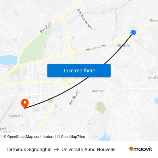 Terminus Signonghin to Université Aube Nouvelle map