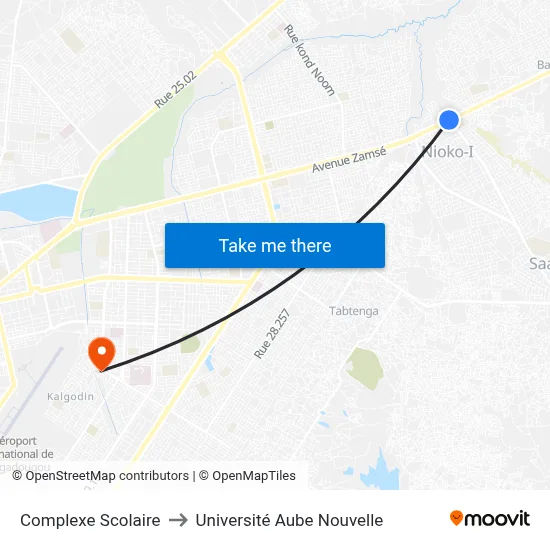 Complexe Scolaire to Université Aube Nouvelle map