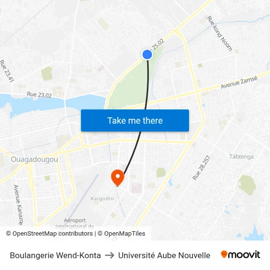 Boulangerie Wend-Konta to Université Aube Nouvelle map