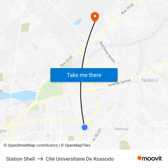 Station Shell to Cité Universitaire De Kossodo map
