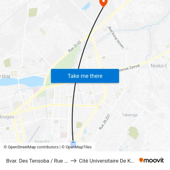 Bvar. Des Tensoba / Rue 29.266 to Cité Universitaire De Kossodo map