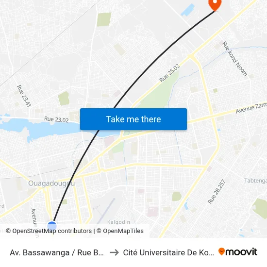 Av. Bassawanga / Rue Bousma to Cité Universitaire De Kossodo map