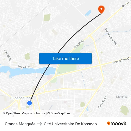 Grande Mosquée to Cité Universitaire De Kossodo map