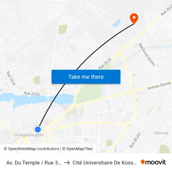 Av. Du Temple / Rue 3.50 to Cité Universitaire De Kossodo map