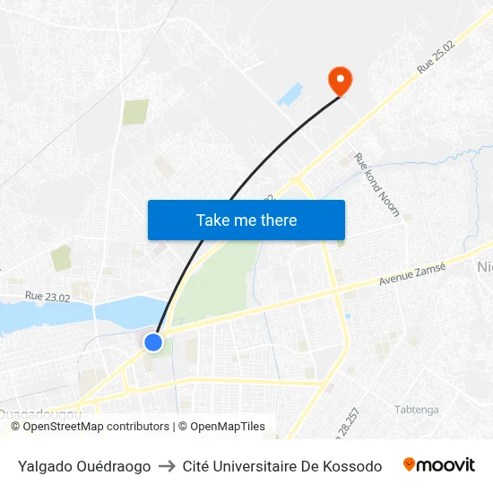 Yalgado Ouédraogo to Cité Universitaire De Kossodo map