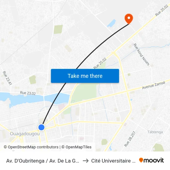 Av. D'Oubritenga / Av. De La Grande Chancellerie to Cité Universitaire De Kossodo map