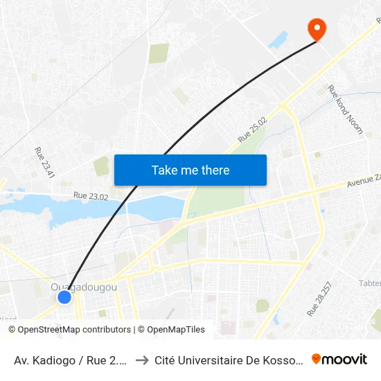 Av. Kadiogo / Rue 2.17 to Cité Universitaire De Kossodo map