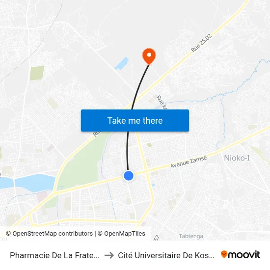 Pharmacie De La Fraternité to Cité Universitaire De Kossodo map